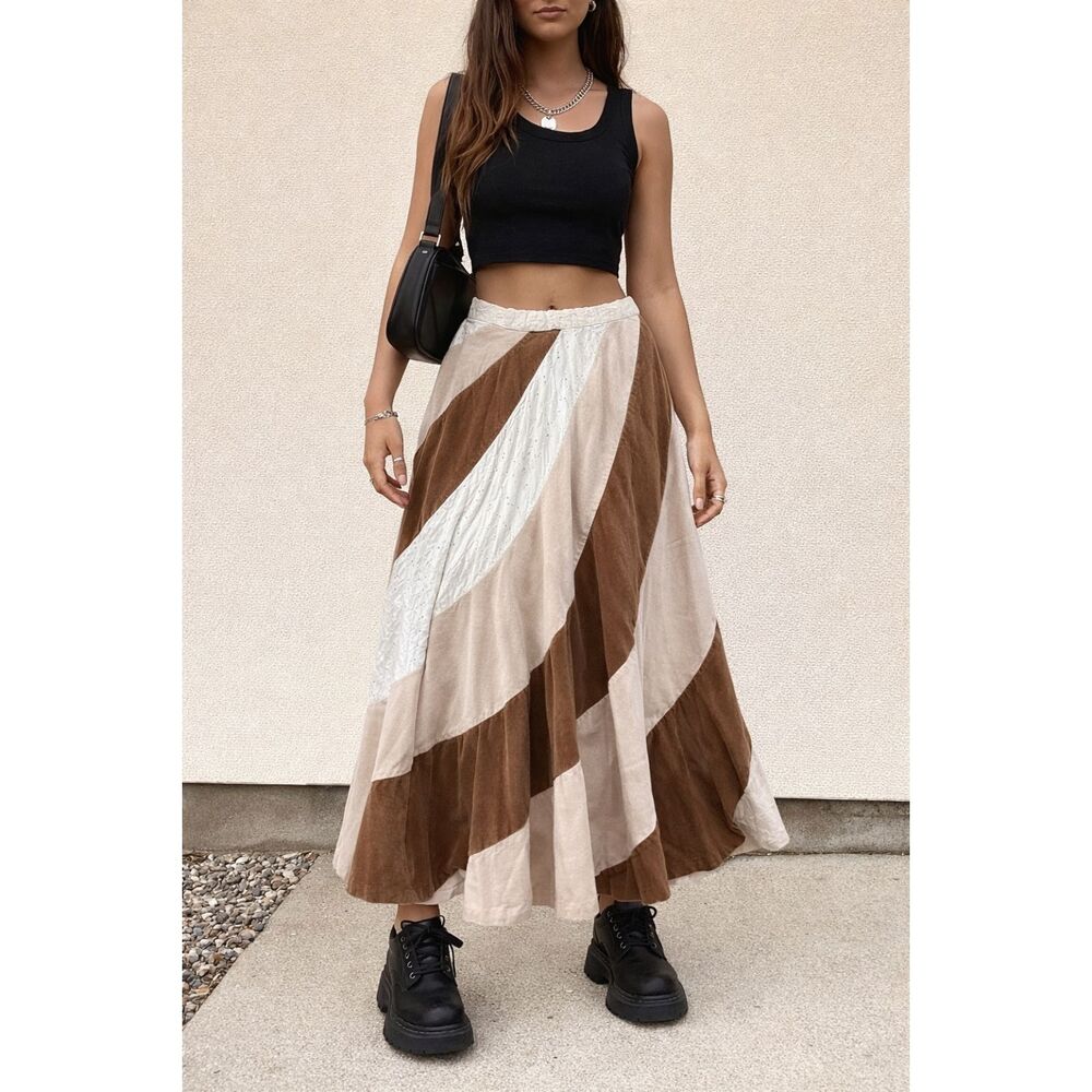 Vintage Brown Stripe Boho Maxi Patchwork Skirt Women's Size XS